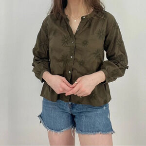 madewell olive green embroidered suns button down tunic top size xs